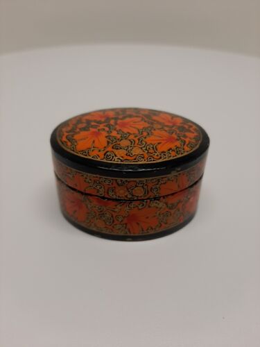 Vintage Paper Mache Wood Ring Jewelry Trinket Box Maple Leave Orange D7 - Afbeelding 1 van 9