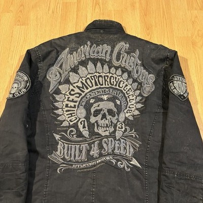 Vintage Affliction Black Embroidered Logo American Customs Biker Jacket Size XL