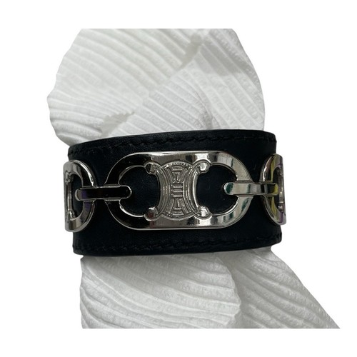 Celine Triomphe Bracelet Black Leather Cuff Silver Hardware