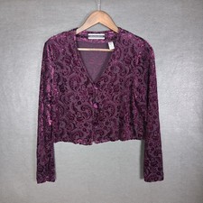 Vintage Cardigan Womens 8 Cropped Velvet Burnout V Neck Whimsigoth 90s Purple