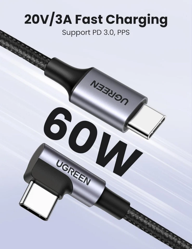 Ugreen Right Angle USB C to USB C Fast Charger Cable 60W PD 3A 2m - Image 2 of 4