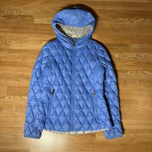 Piumino Michael Kors confezionabile donna piccolo blu cappuccio trapuntato zip intera puffer