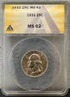 1932-P Washington Quarter ANACS MS62 BU Choic e GEM-TONED