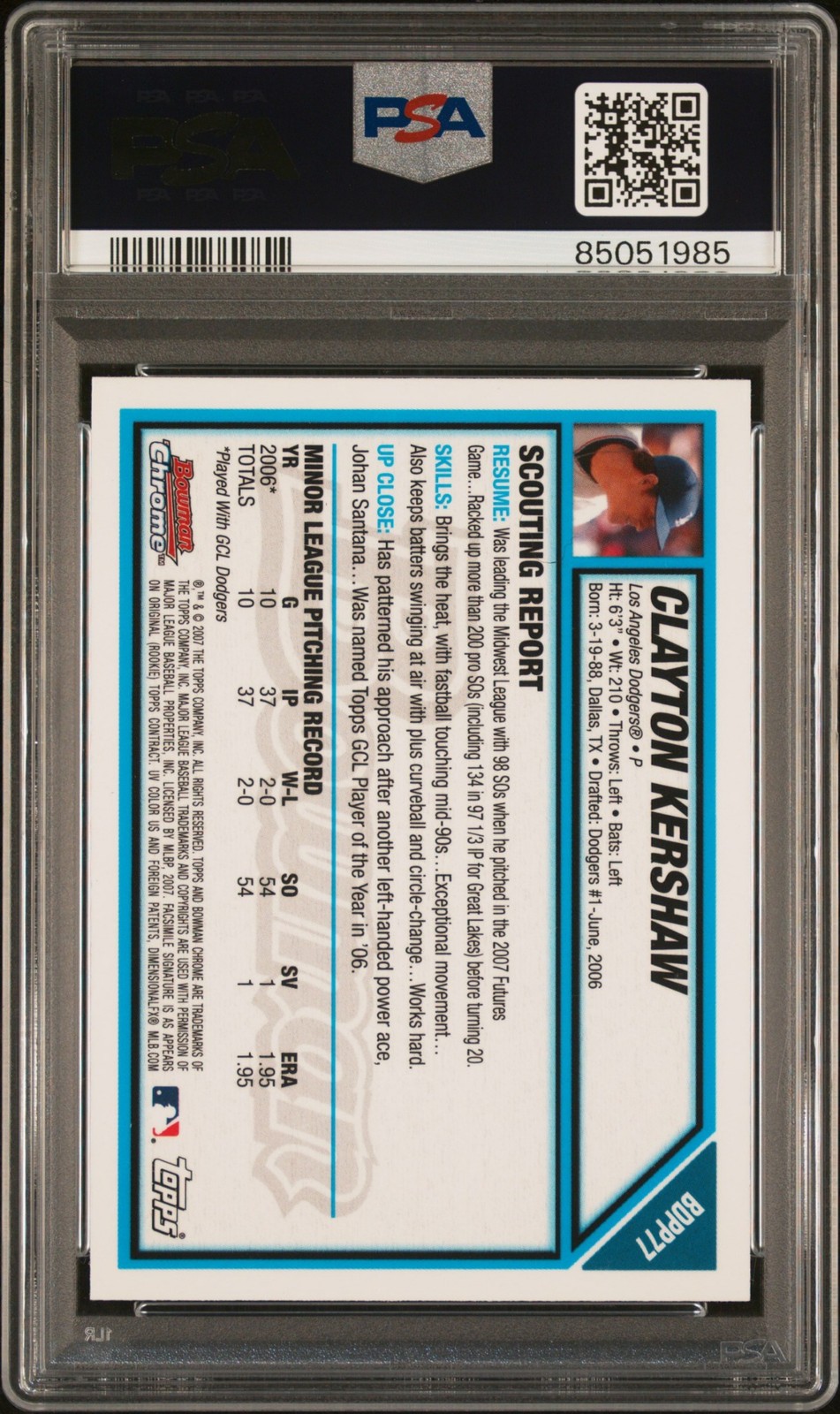 2007 Bowman Draft Picks & Prospects #BDPP77 Clayton Kershaw Chrome PSA 9 view 2