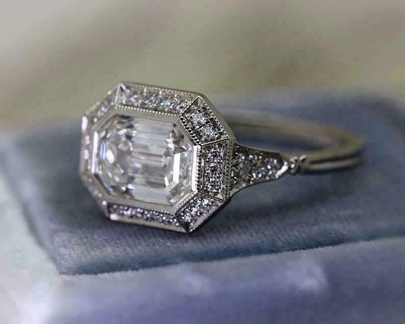 Art Deco Style Emerald Cut Lab Created Diamond 925 Silver Engagement Gift Ring