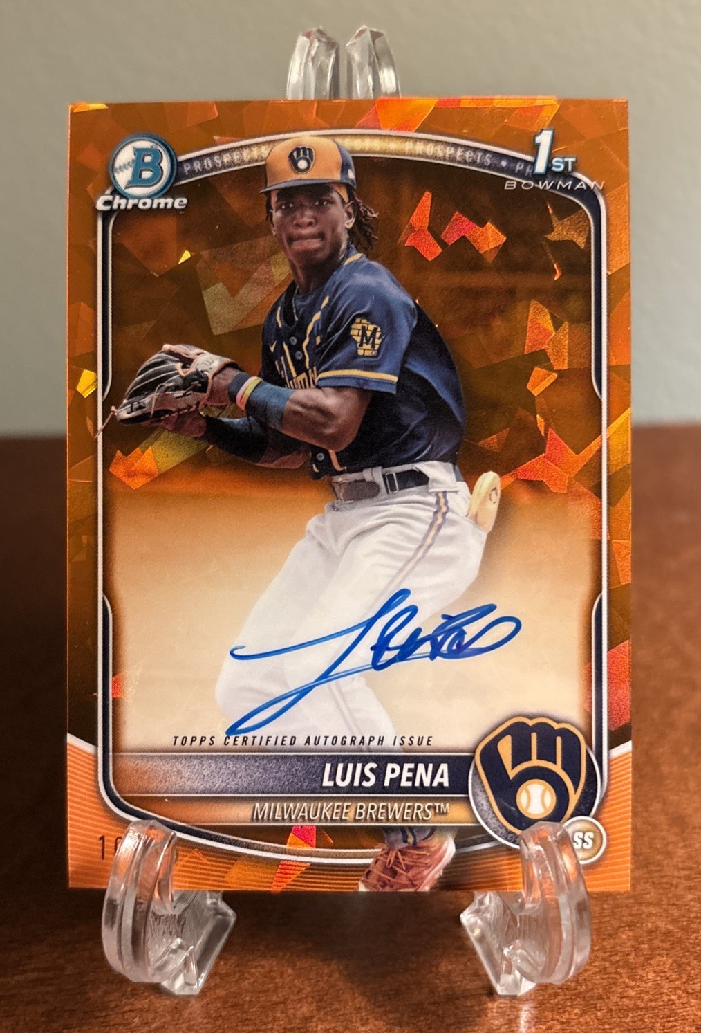 2025 LUIS PENA 1st Bowman Chrome Orange Shimmer Ref AUTO /25 Brewers