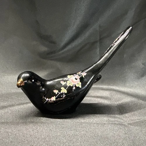 Vintage Fenton Glass Black Bird Hand Painted Floral Signed By Artist 7”