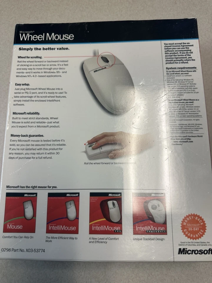 Vintage Microsoft Wheel Mouse Serial Port PS/2 Windows 2000 NT 98  NEW SEALED - Image 3 of 4