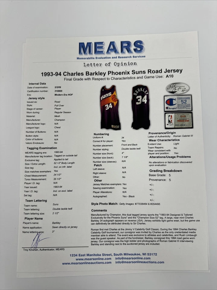 Camiseta usada em jogo Charles Barkley 1992-93 Phoenix Suns Champion MEARS A10 assinada - Imagem 3 de 4