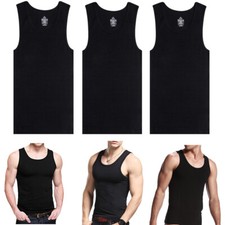 3 Pcs For Mens 100 Cotton Ribbed Tank Top A-Shirt Wife-Beater Black Undershirt
