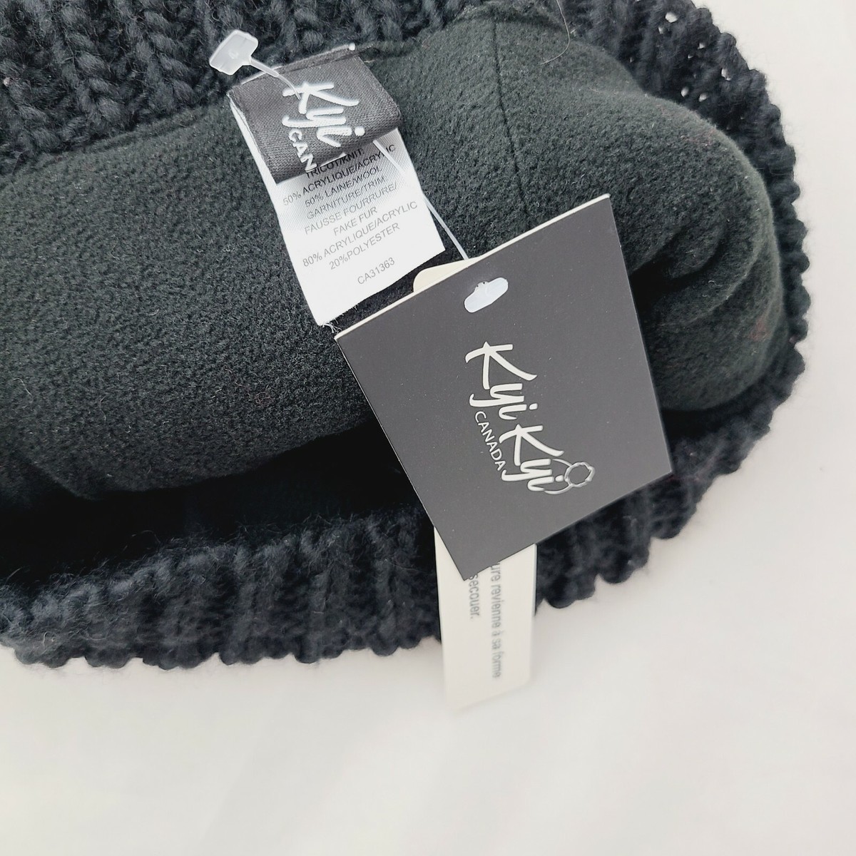 Kyi Kyi Fox Fur Pom Pom Beanie Black Waffle Knit Wool Blend Hat Made in Canada Classic Fur Double Pom Beanie – Kyi Kyi main image 3