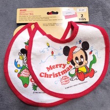New Vtg 1984 Walt Disney Babies Bib Set Of 2 Mickey Minnie Christmas Cloth Vinyl