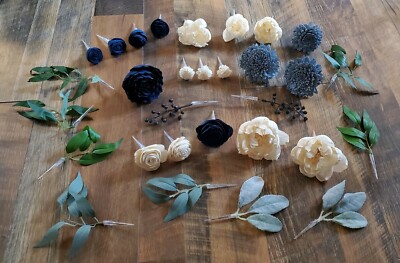 30PC Cake Flower Topper Navy Dusty Blue Reusable DIY Sola Wood Wedding Decor Set