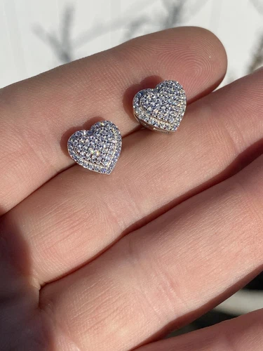 Solid 925 Sterling Silver Iced Heart Stud Earrings Simulated Diamonds Iced - Picture 3 of 11