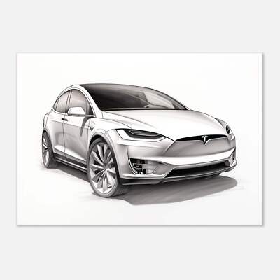 Tesla Model X Pencil Sketch   Grayscale Art Print on Premium Matte Paper