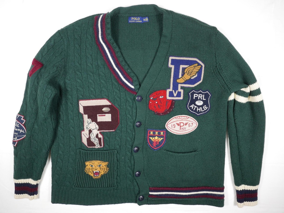 Polo Ralph Lauren Cardigan Sweater Green Varsity Patchwork P Polo Ralph Lauren Cardigan Sweater Green Varsity Patchwork P