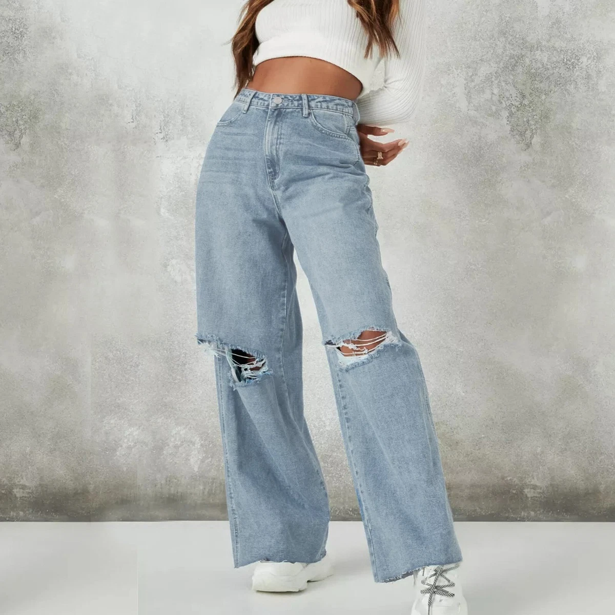 Womens Wide Leg Baggy Jeans Skater Jeans High Waisted Ripped Denim Pants