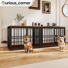 Stackable Dog Crate Furniture for 2 Dogs Corner Kennel w/ Steel Bowls Wooden