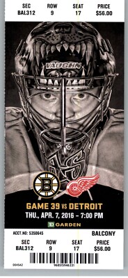 Detroit Red Wings vs Boston Bruins 4/7/2016 Full Ticket - Jonas Gustavsson
