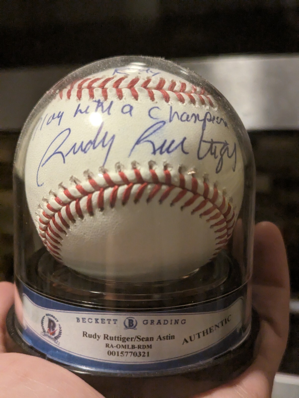 Rudy Ruettiger & Sean Astin Signed OMLB Baseball RUDY Beckett Encapsulated 
