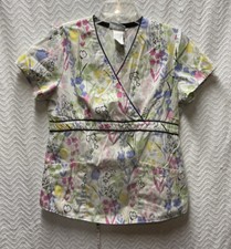 SB Scrubs Multicolored Floral Patterned Size Small Mock Wrap Neck Scrub Top