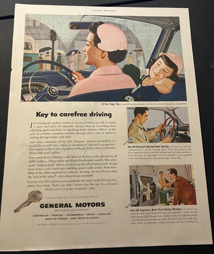 1952 General Motors Cars "Key to Carefree Driving" - Vintage Print Ad Wall Art