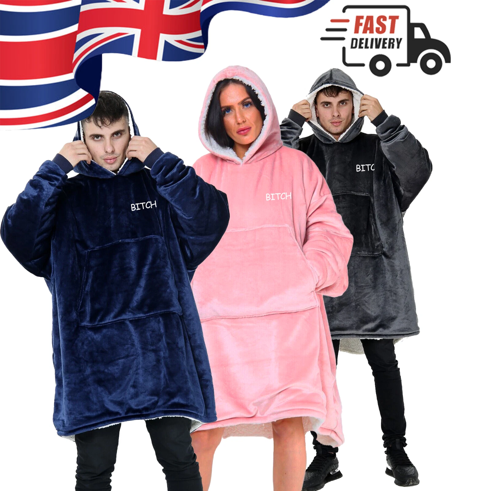 BITCH Custom Oversized Hoodie Blanket Comfy Hooded Sherpa Fleece