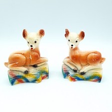 Chalkware Deer Figurines Hand-Painted pai vintage 1950s Resting Fawn RARE H3.5"