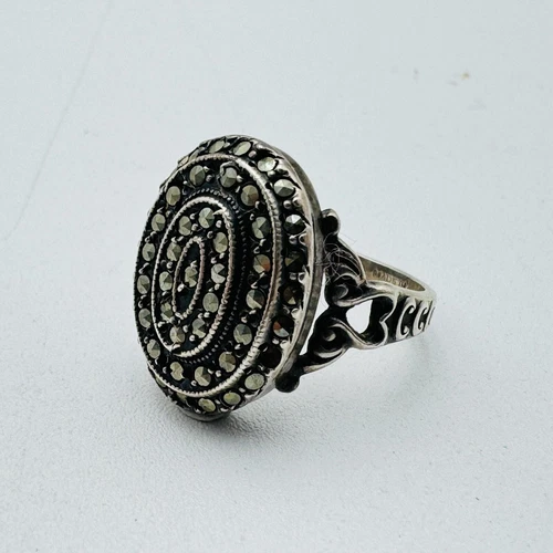 Vintage Art Deco Sterling Silver & Marcasite Ring Size 5.75 SIGNED TK