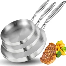LOLYKITCH 8-10-12 Inch Tri-Ply Stainless Steel Frying Pan Set of 3,Chef's Pans