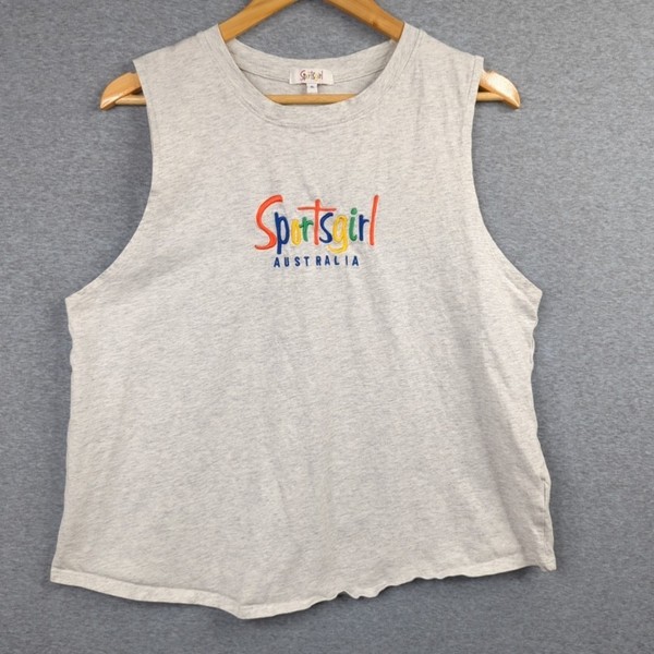 Sportsgirl Top Womens XL Grey Sleeveless Tank Embroidered Logo Spell Out Casual