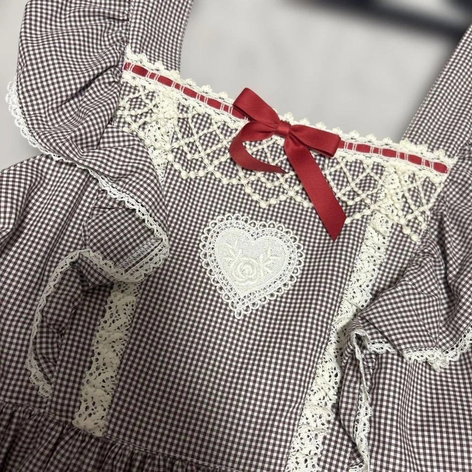 (Ampli) Petit Gingham Corazón Jersey Falda Marrón x Rojo Delantal Jumper Falda Mujeres JP Foto 2 de 4