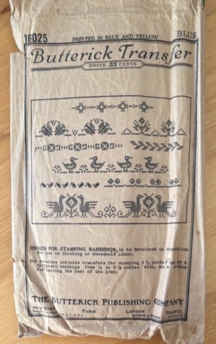 Butterick Transfer 16025 Blue and Yellow Printed Embroidery Design Vintage