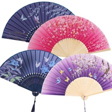 4 Pcs Handheld Folding Fan Small Chinese Silk with Tassel Floral Manual Fan H...