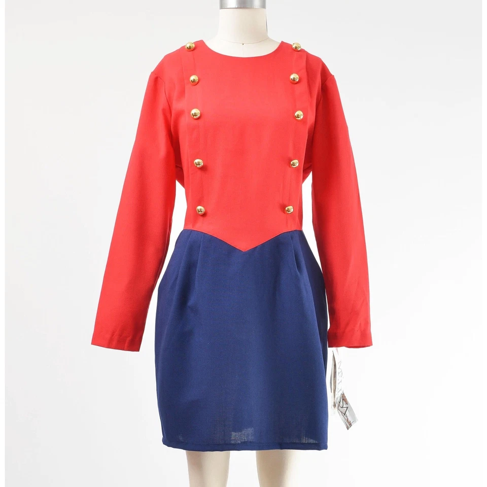 Vestido Vaina Vintage Rojo Azul Marino Militar Náutico Vasco Cintura Plisada Frontal M Foto 3 de 4