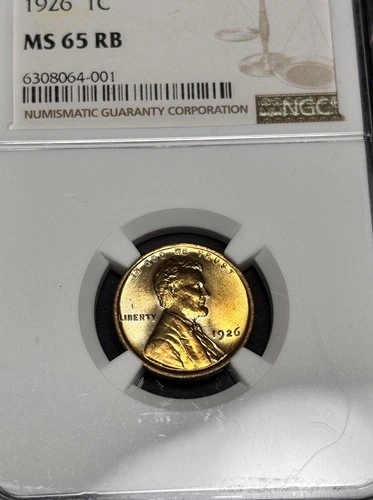 :1926-P 1C LINCOLN CENT GEM NGC MS 65RB LOW POP. PQ MOSTLY RED GEM!!