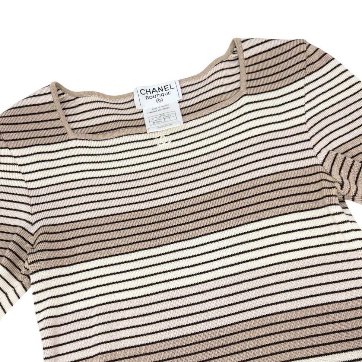 CHANEL Vintage 98P CC Mark Logo Stripe Knit T-shirt Top #36 Beige
