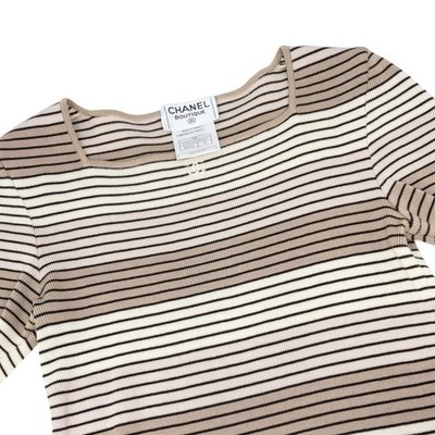 CHANEL Vintage 98P CC Mark Logo Stripe Knit T-shirt Top #36 Beige