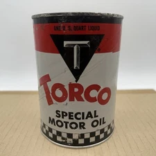 TORCO Special V-BLOCK MOTOR OIL CAN VINTAGE Gas One Quart Can Unused USA