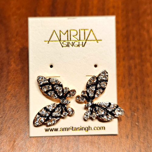 Amrita Singh Butterfly Stud Earrings Rose Gold Tone Black Enamel Clear Crystal