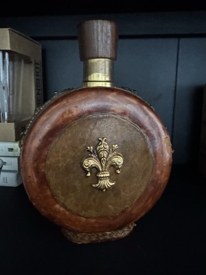 Brown Decorative Flask with Fleur-de-Lis, Ornate Embellishments, Stopper