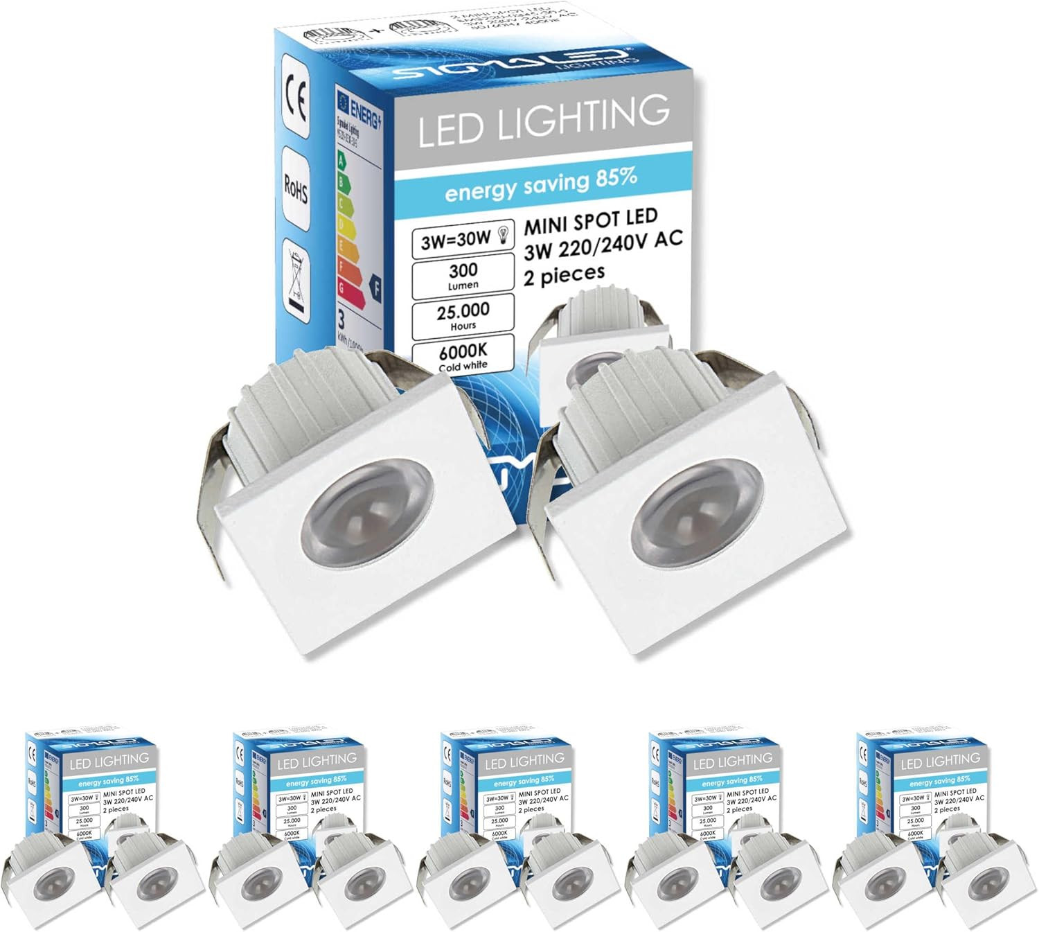 Mini Faretto LED 3W Dimmerabile Quadrato 6000K | Luce 300Lm Diretta 220V