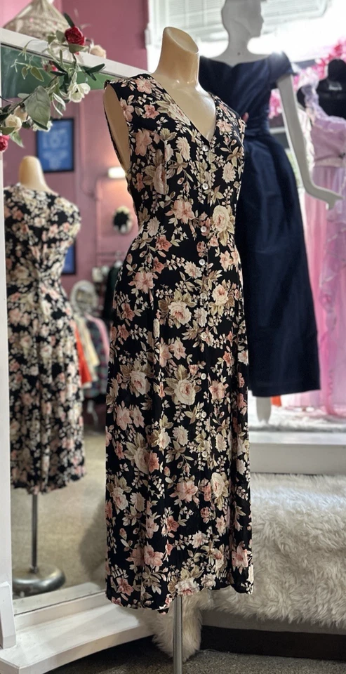 Vintage 90s Sheer Floral Print Maxi Dress Black Pink Sleeveless Grunge Preppy M - Image 4 of 4
