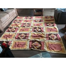 Vintage Handmade Patchwork Quilt 88x82 Heavy Floral Brown Rust Farmhouse Stains