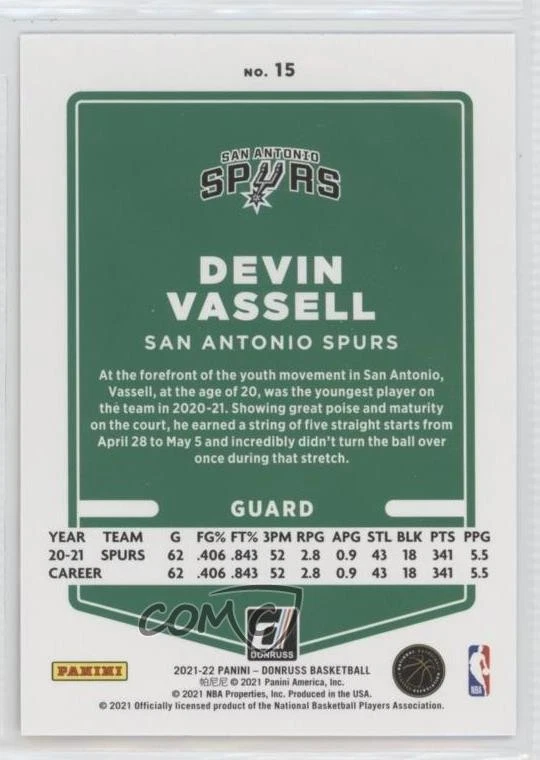2021-22 Panini Donruss Holo Red & Gold Laser Devin Vassell #15 - Image 2 of 2