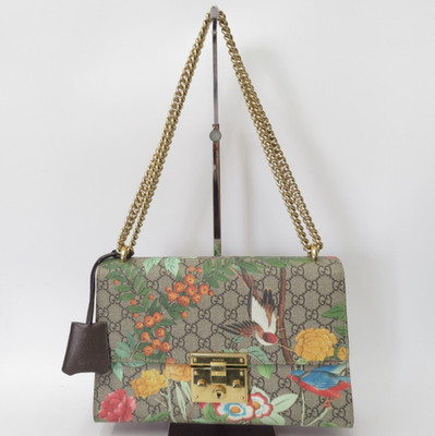 Auth Gucci GG Supreme Flora Print Padlock PVC Leather Chain Hand Bag I#46505