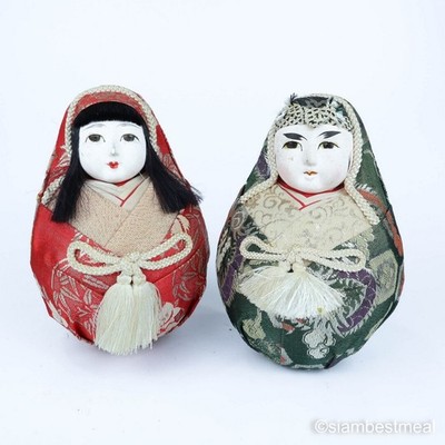 Vintage japanisches Hochzeitstrio Roly Poly Hime Daruma Puppe Brokat Kimono...
