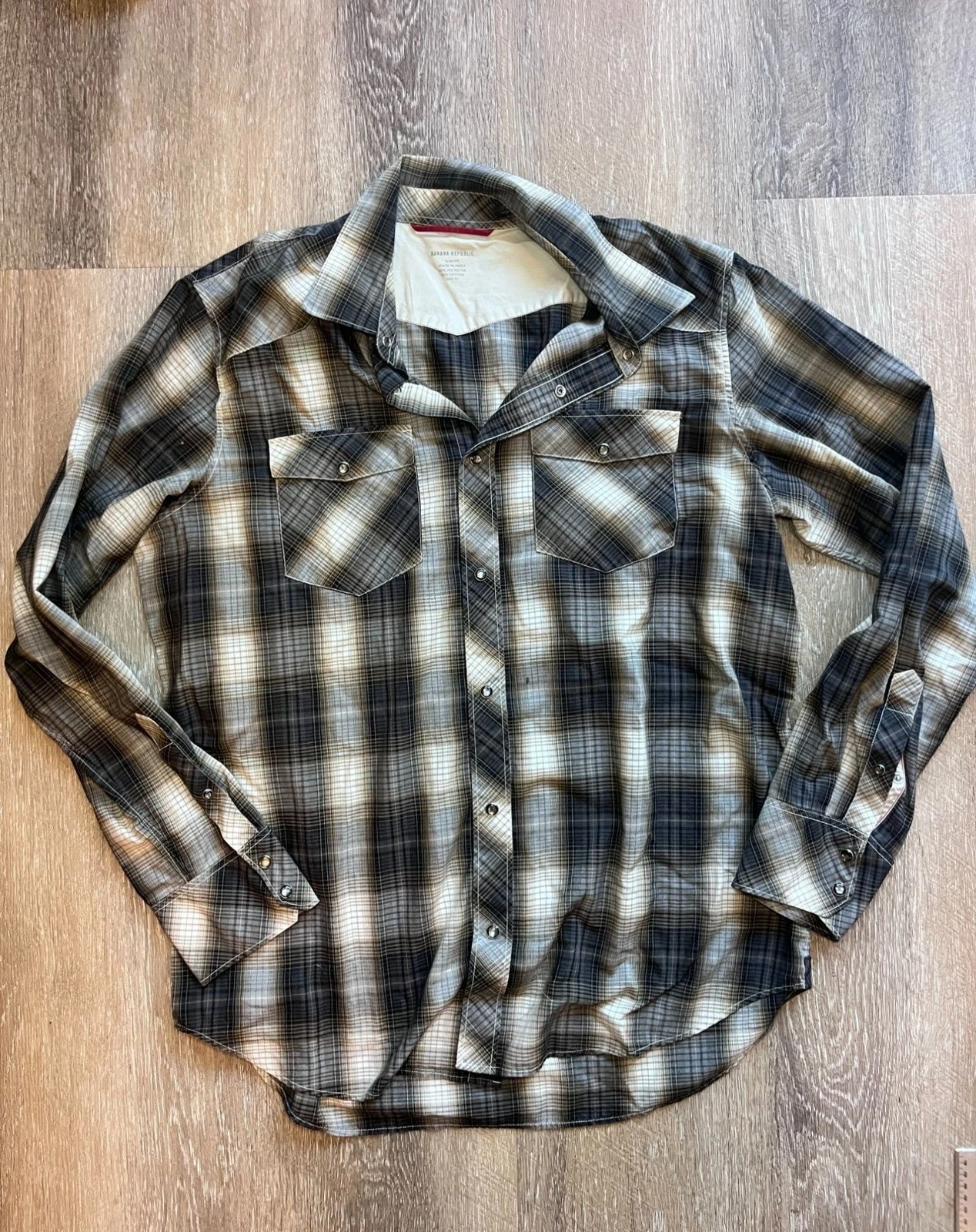 Banana Republic Slim Fit Snap-Front Flannel Shirt – Grey & Brown Plaid – Size XL