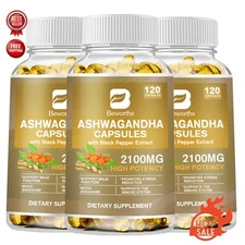 Organic Ashwagandha Capsules 2100mg Supplement w/ Black Pepper Root Powder