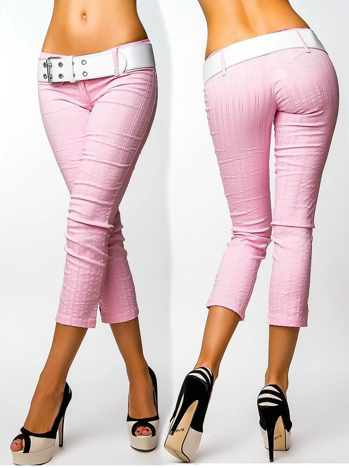  SeXy Miss Damen 7/8 Capri Sommer Hüft Hose LoW CuT NadelStreifen rosa Gürtel  - Bild 1 von 4